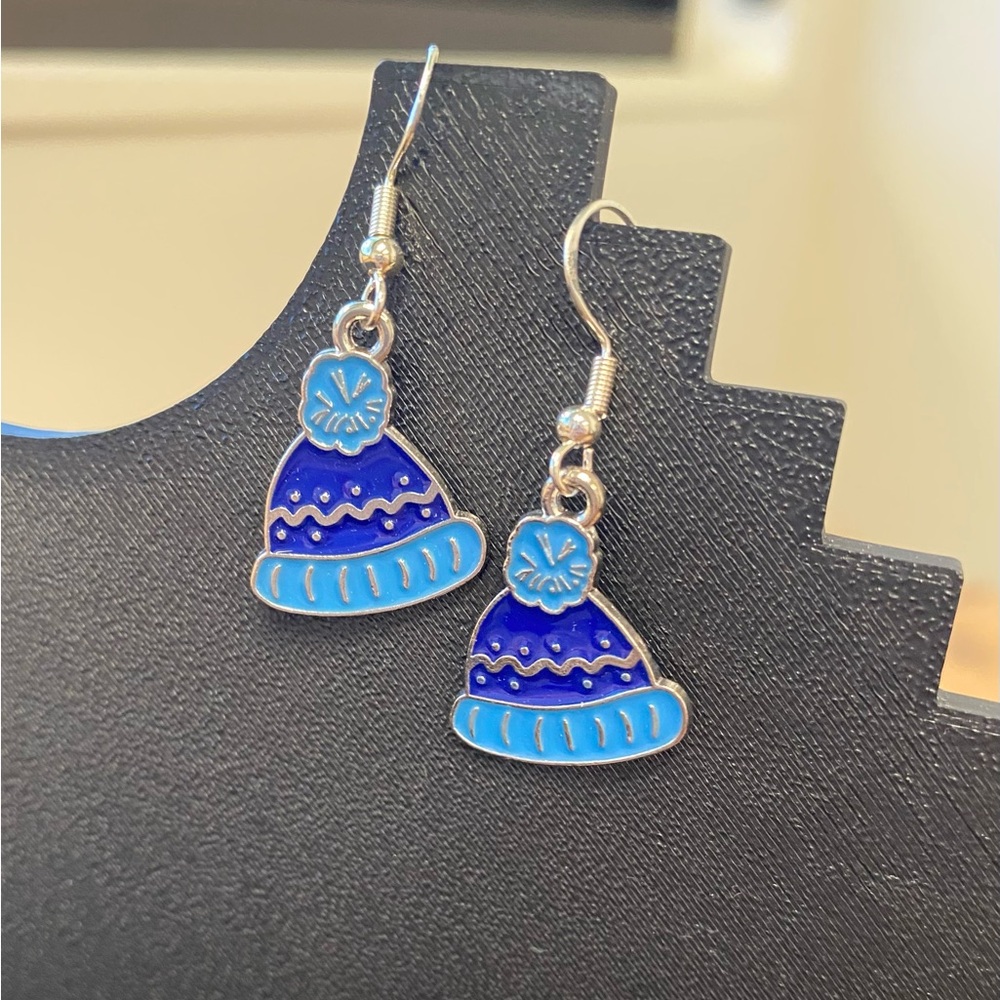 Blue Winter Hat Enamel Earrings Are Charming